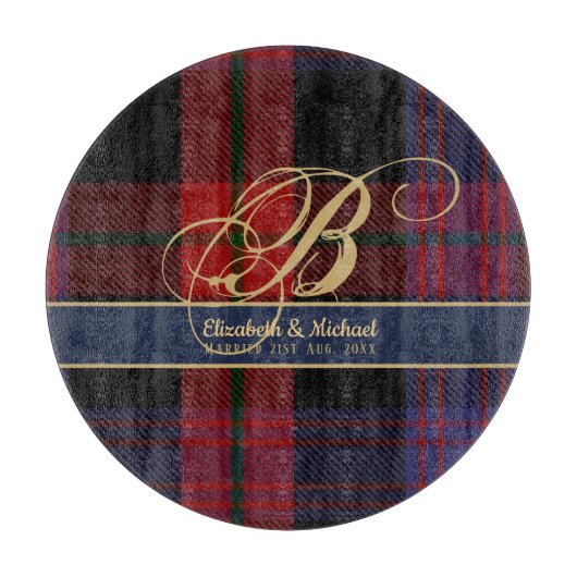 Planche À Découper Monogramme BROWN Tartan bleu rouge Mariage des jeu (Devant)