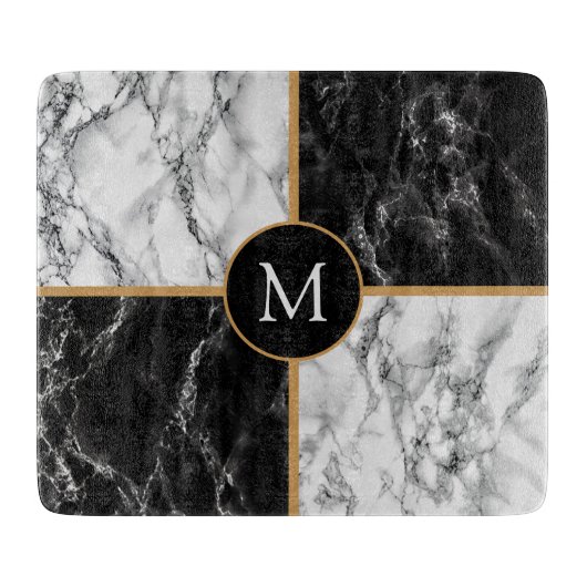 Planche À Découper Monogramme Coupe-Board Cadeau Marbre noir blanc (Devant)
