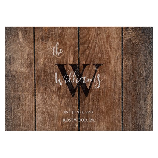 Planche À Découper Monogramme de la famille rustique du bois (Devant)