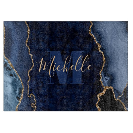 Planche À Découper Monogramme de marbre d'agate pailleté bleu marine (Devant)