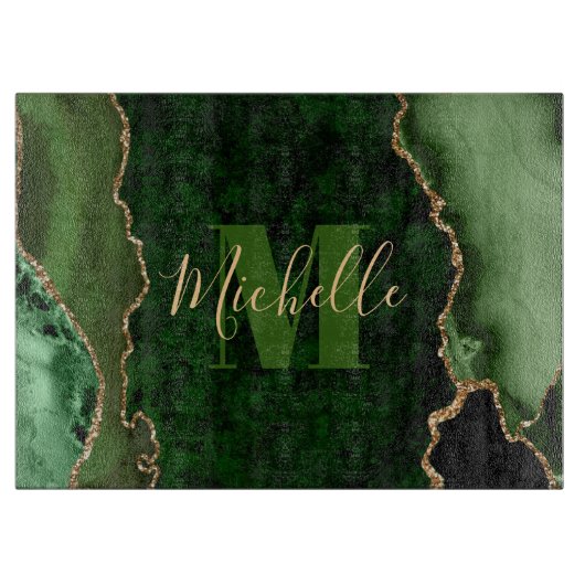 Planche À Découper Monogramme de marbre d'agate pailleté vert et or (Devant)