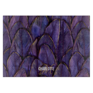 Planche À Découper Monogramme de nom de plumes dorées violettes chic