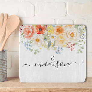 Planche À Découper Monogramme de nom personnalisé Floral Ensoleillé A