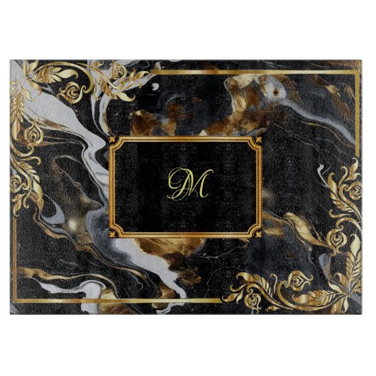 Planche À Découper Monogramme d'encre bleu foncé en marbre doré (Devant)