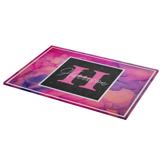 Planche À Découper Monogramme d'encre d'alcool rose chaud personnalis (Coin)