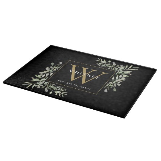 Planche À Découper Monogramme d'or Élégant Verdure Foliage noir (Coin)