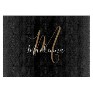 Planche À Découper Monogramme d'or noir moderne élégant Nom du scri