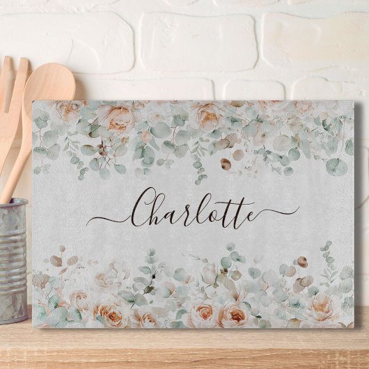 Planche À Découper Monogramme Élégant Floral de Rose Rustique de Verd