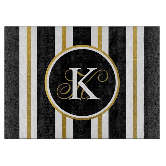 Planche À Découper Monogramme Elégant Noir & Or Personnalisé (Devant)