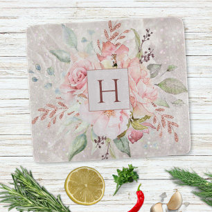 Planche À Découper Monogramme Elégant rose Peony Floral Marbre