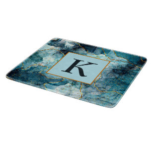 Planche À Découper Monogramme en marbre pailleté bleu et or