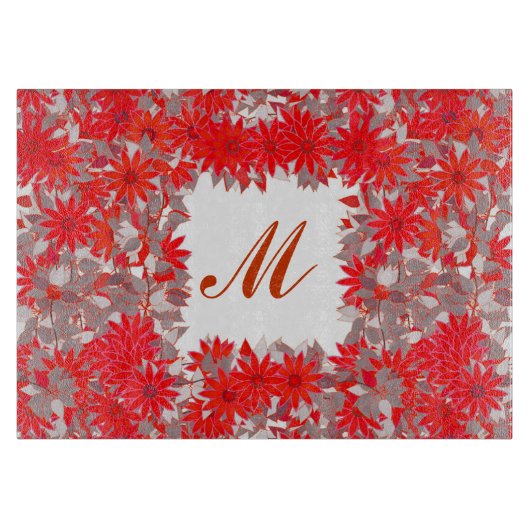 Planche À Découper Monogramme encadré de fleurs - rouge et gris (Devant)