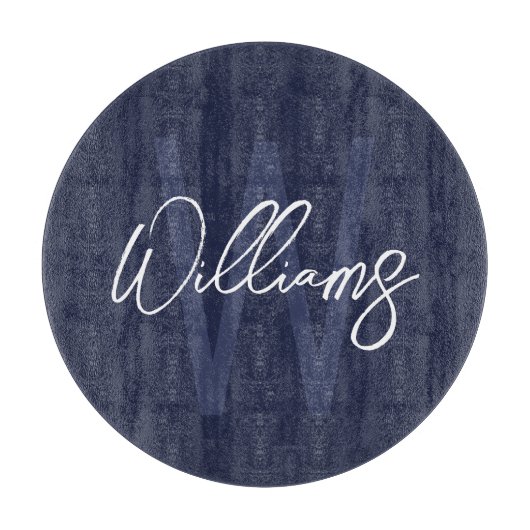 Planche À Découper Monogramme et nom personnalisés de Navy Blue Scrip (Devant)