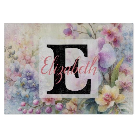 Planche À Découper Monogramme et nom sur Fleurs à l'aquarelle en past (Devant)