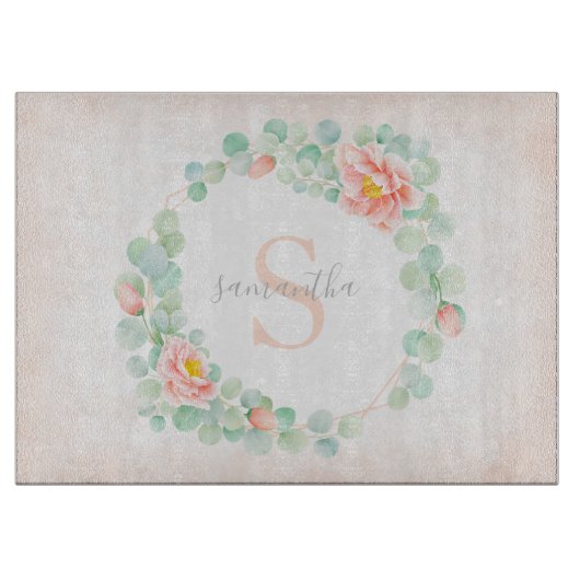 Planche À Découper Monogramme Eucalyptus Feuille Peony Floral Peach S (Devant)