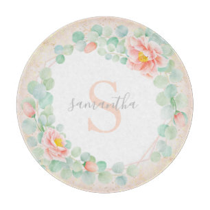 Planche À Découper Monogramme Eucalyptus Feuille pivoine pêche floral