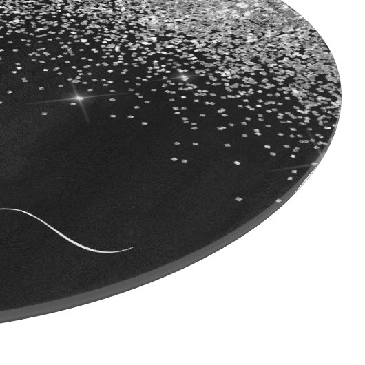 Planche À Découper Monogramme Féminin Script Pailleté Noir Argent (Coin)