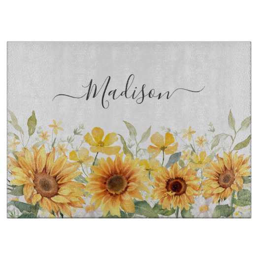 Planche À Découper Monogramme Fleur Jaune Tournesol Floral Botanique (Devant)