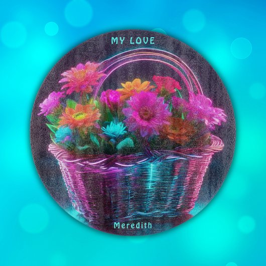 Planche À Découper Monogramme Fleurs de couleurs vives dans un panier