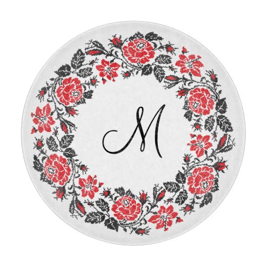 Planche À Découper Monogramme initial des roses rouges à point croisé (Devant)