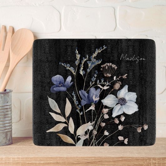 Planche À Découper Monogramme Jolie aquarelle Fleur sauvage bleu