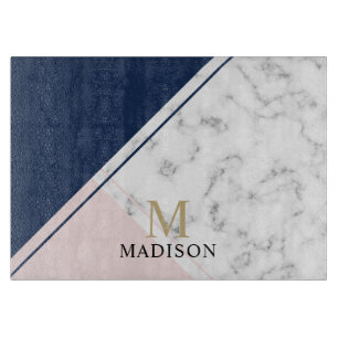 Planche À Découper monogramme moderne élégant en marbre bleu marine