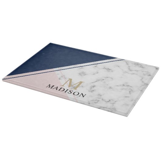 Planche À Découper monogramme moderne élégant en marbre bleu marine (Coin)