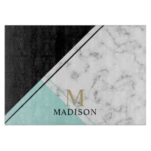 Planche À Découper monogramme moderne élégant en marbre noir turquo