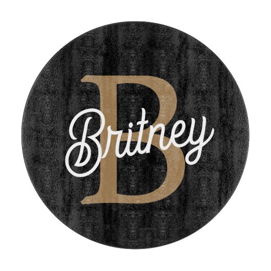 Planche À Découper Monogramme moderne élégant Nom Black Gold Script (Devant)