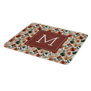 Planche À Découper Monogramme motif feuilles de terre cuite et sauge