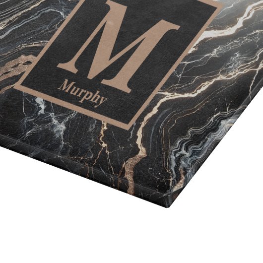 Planche À Découper Monogramme noir marbre et veine or (Coin)