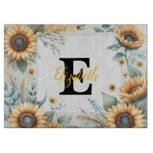 Planche À Découper Monogramme nom floral tournesol pastel aquarelle