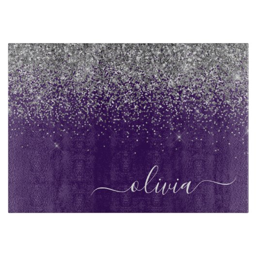 Planche À Découper Monogramme Nom Paillettes Argent Violet Féminin (Devant)