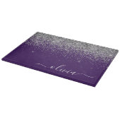 Planche À Découper Monogramme Nom Paillettes Argent Violet Féminin (Coin)