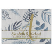 Planche À Découper Monogramme or Azure Blue Botanical Feuille Mariage (Devant)