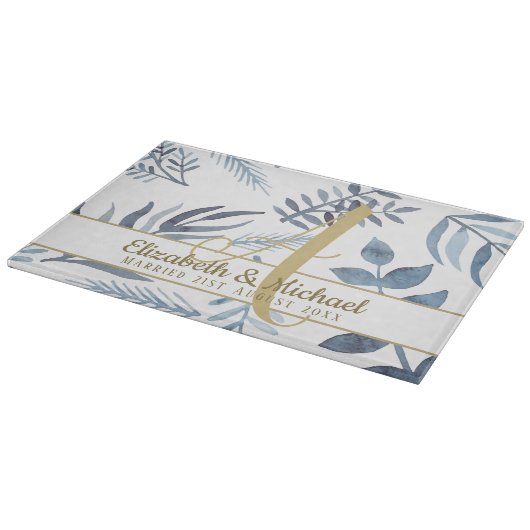 Planche À Découper Monogramme or Azure Blue Botanical Feuille Mariage (Coin)