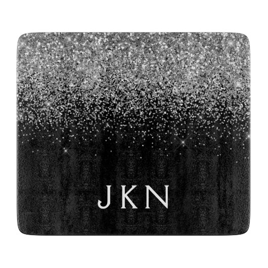 Planche À Découper Monogramme Pailleté Argent Noir Initiales Féminine (Devant)