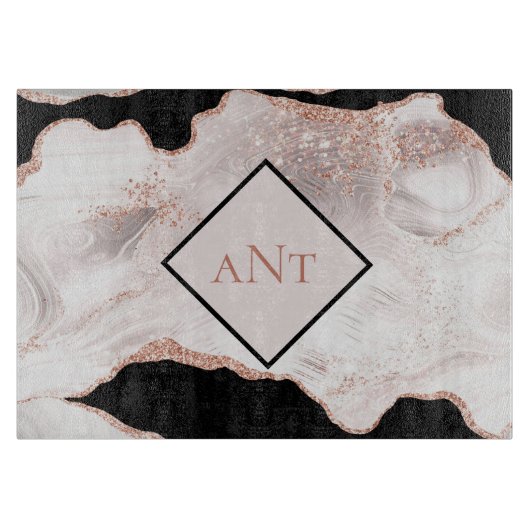 Planche À Découper Monogramme Rose Parties scintillant or Agate noir  (Devant)