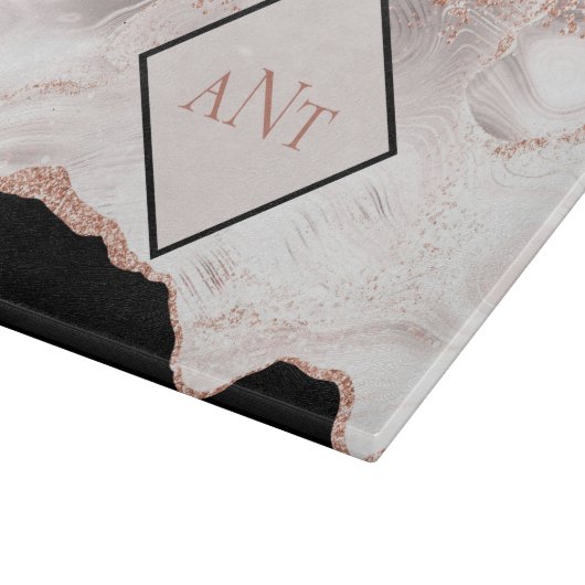 Planche À Découper Monogramme Rose Parties scintillant or Agate noir  (Coin)