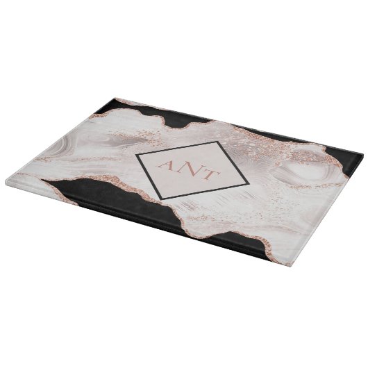 Planche À Découper Monogramme Rose Parties scintillant or Agate noir  (Coin)