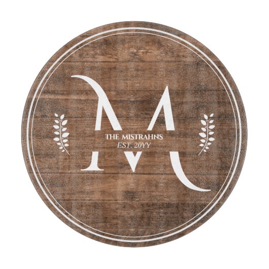 Planche À Découper Monogramme rustique et élégant Faux Bois rond (Devant)