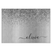 Planche À Découper Monogramme Script Argent Parties scintillant noire (Devant)