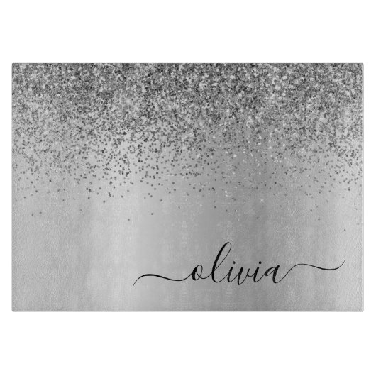 Planche À Découper Monogramme Script Argent Parties scintillant noire (Devant)