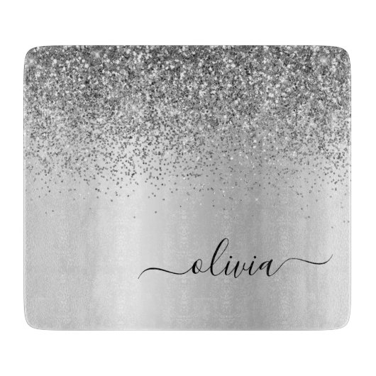 Planche À Découper Monogramme Script Parties scintillant argent Nom d (Devant)