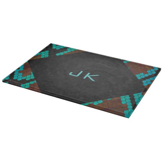 Planche À Découper Monogramme serpent impression Brown et Turquoise (Coin)