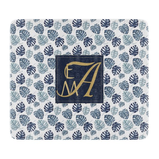 Planche À Découper Monogramme Tropical Palm Navy Blue Gold Mariage (Devant)