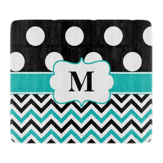 Planche À Découper Monogramme turquoise noir de Chevron de pois (Devant)