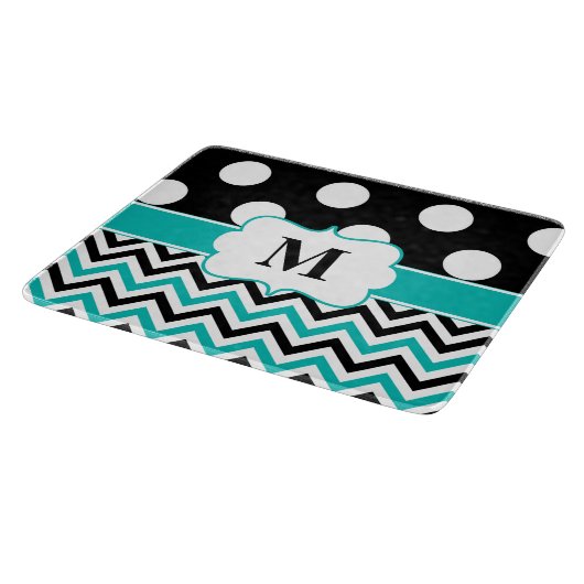 Planche À Découper Monogramme turquoise noir de Chevron de pois (Coin)