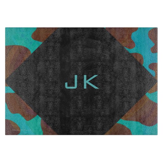 Planche À Découper Monogramme Vache Impression Brown et Turquoise (Devant)