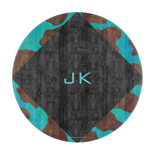 Planche À Découper Monogramme Vache Impression Brown et Turquoise (Devant)